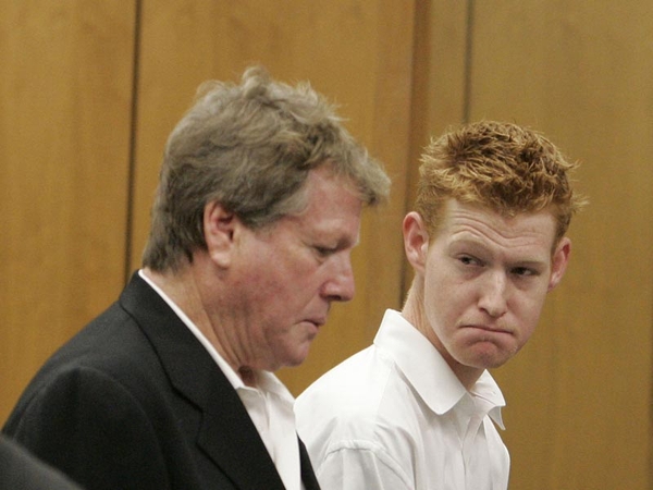 Ryan O'Neal (l) and son Redmond - In court on drugs charges in November this year