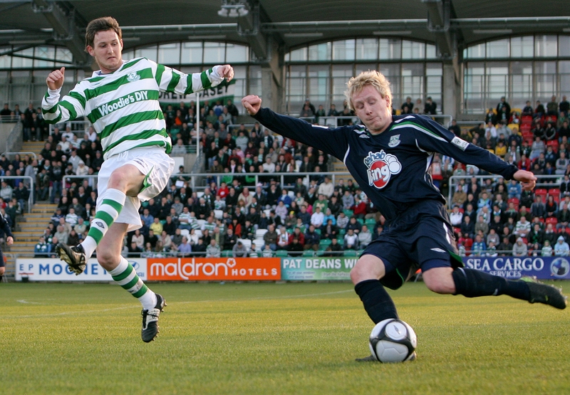Rovers' Gary Twigg tries to close down Bray's Derek Foran