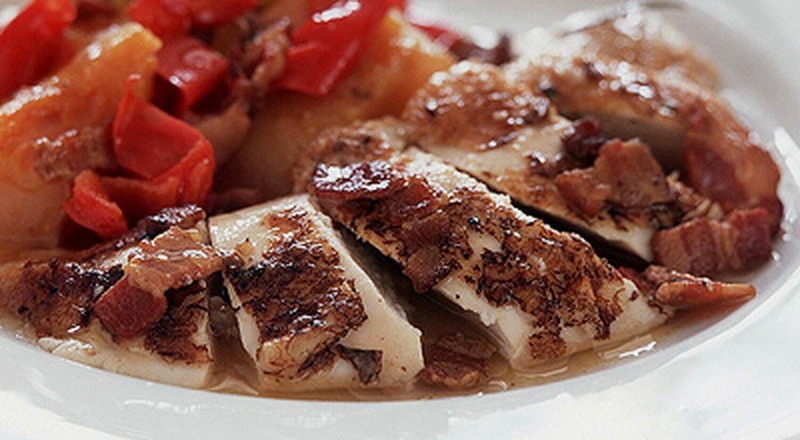 Free Range Pot Roast Chicken with Crisp Chicken Skin Crackling, Thyme Roast Potatoes and Glazed Vegetables