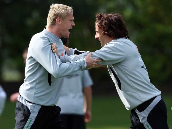Damien Duff and Stephen Hunt at the Arsenal Training Centre in Hertfordshire today