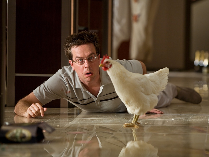 Helms - In character as The Hangover's Stu Price