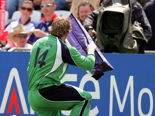Gary Wilson jokes with the camera man after just failing to prevent a Kiwi boundary