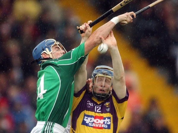 Limerick's Mark O'Riordan and Rory Jacob of Wexford tussle for possession