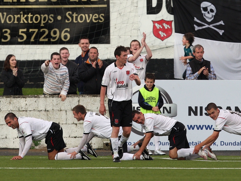 Chris Turner leads the Dundallk celebrations after the third goal