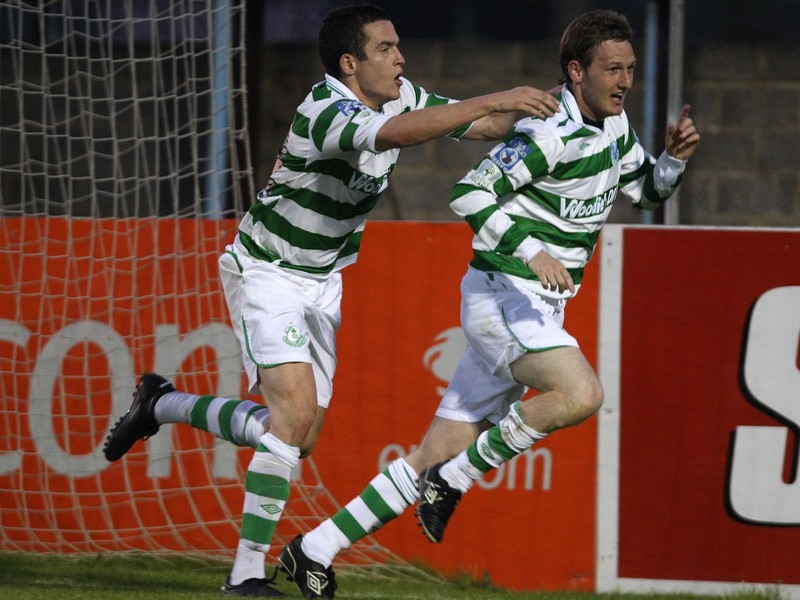 Gary Twigg celebrates his winner with Tadgh Purcell in close attendance