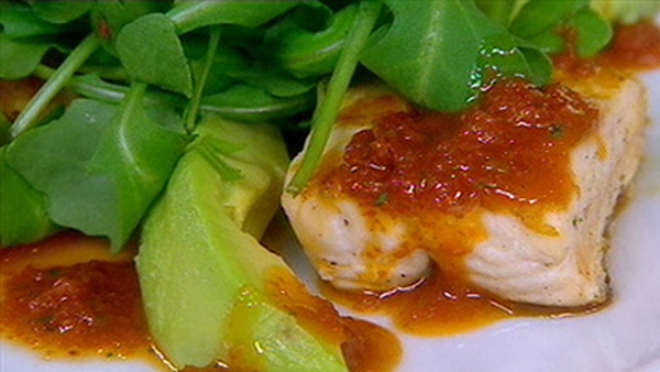 Grilled Salmon with Avocado, Tomato Dressing and R