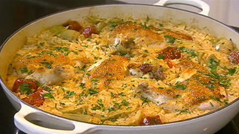 Neven Maguire dishes up a delicious Chicken and Chorizo Rice Bake.