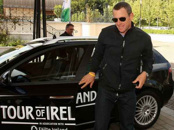 Lance Armstrong arrives at the press launch at Powersourt, Enniskerry, Co Wicklow yesterday