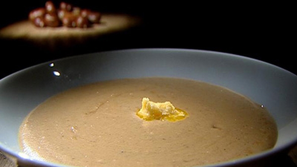 Chestnut Soup with Smoked Butter and Bacon Garnish