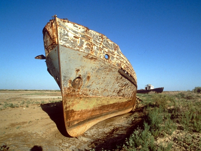 Abandoned ship on Uzbekistan's Aral Sea 'coast'