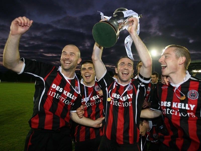 Some Bohs players celebrate the club's third success in the EA Sports Cup, formerly known as the League Cup