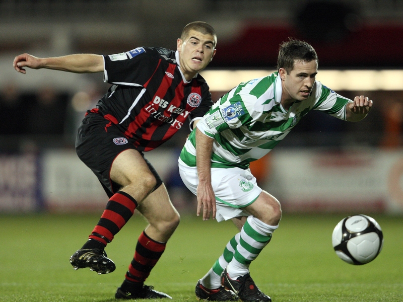 Bohemians' Conor Powell and Stephen Bradley of Shamrock Rovers battle for possession