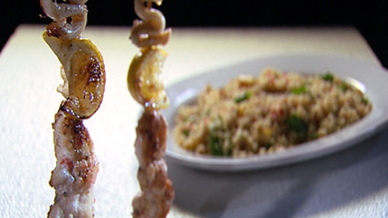 Seafood Skewers with Lemon, Almond and Rocket Couscous