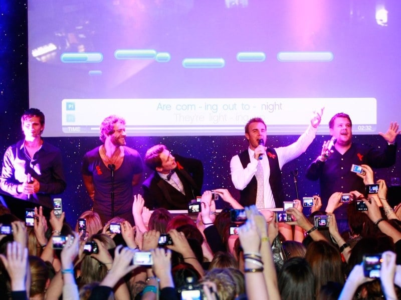 Take That and James Cordon singing a Take That song