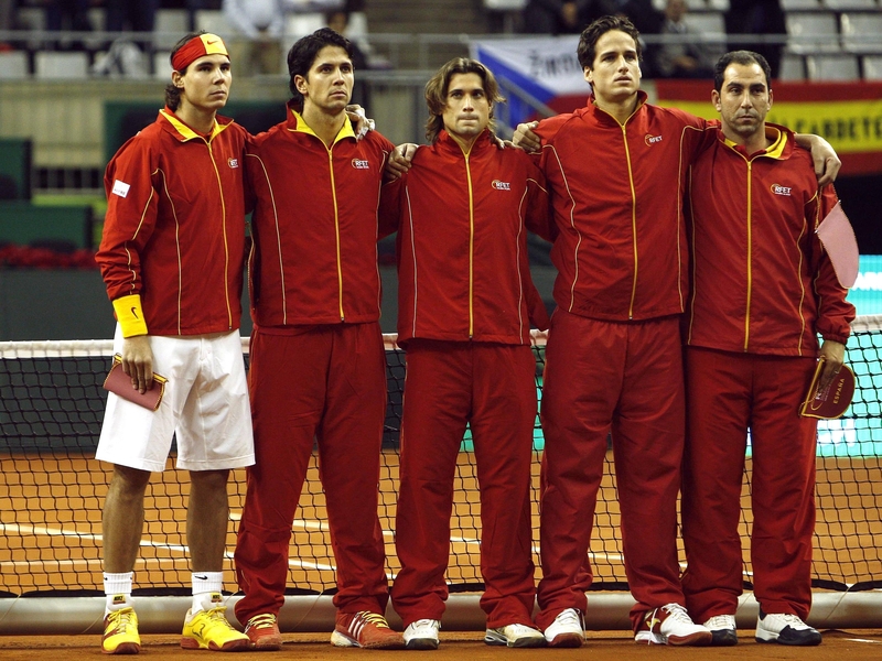 Spain's winning Davis Cup team of Rafael Nadal, Fernando Verdasco, David Ferrer, Feliciano Lopez and Alberto Costa