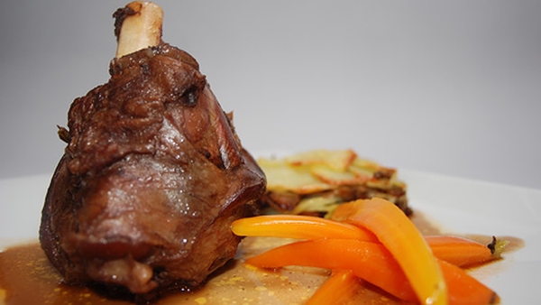 Braised Lamb Shanks, Wild Mushroom and Potato Cake