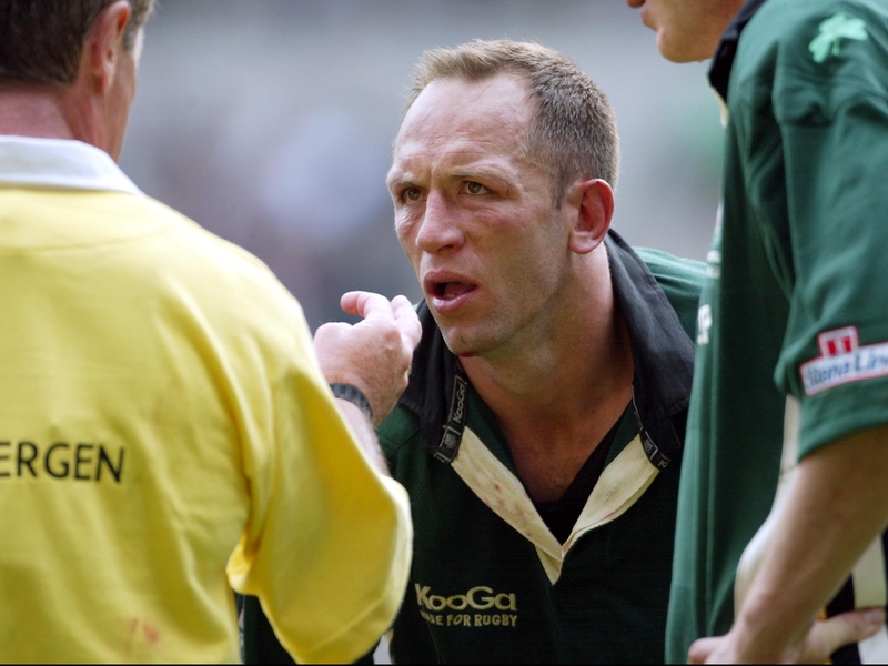 Brendan Venter, in 2002 during his playing days with London Irish, receives a lecture from a referee