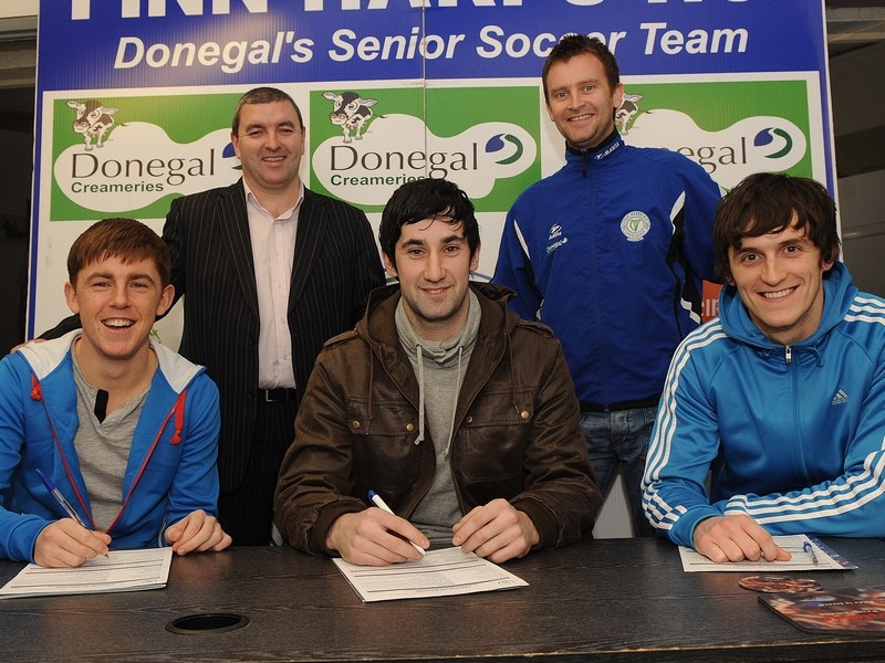 Finn Harps Chairman Joey O'Leary and Manager James Gallagher pictured with Jason Noctor, Johnny Lafferty and Thomas Bonner