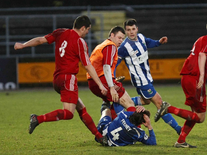 Anthony Lagan kicks Cullen Feeney during his outburst of violence during the Irish Cup match at Newry City