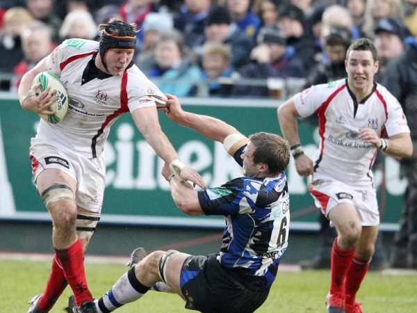 Stephen Ferris is tackled by Andrew Beattie of Bath