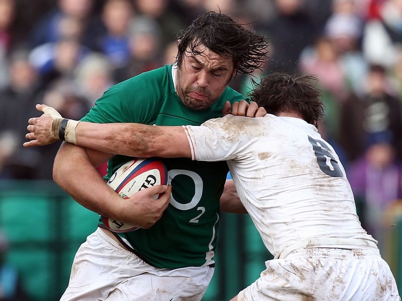 Ireland's Tony Buckley is tackled by Tom Wood