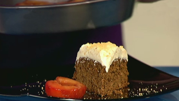 Ginger Cake with Orange Praline Frosting and Plums