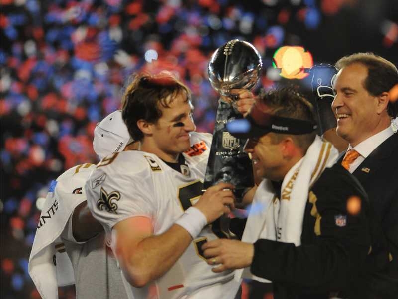 Quarterback Drew Brees and coach Sean Payton with the Vince Lombardi Trophy