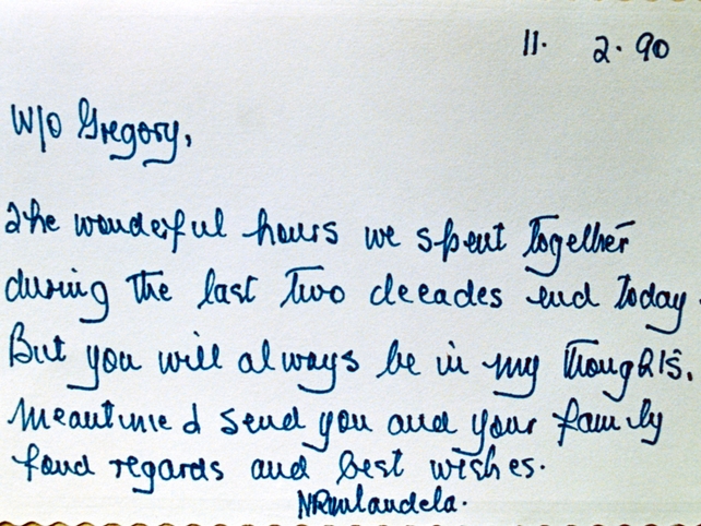 On the day of his release Mandela wrote to his prison guard James Gregory