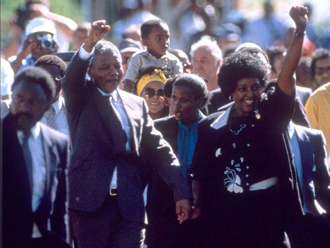 Nelson Mandela with wife Winnie as he is released
