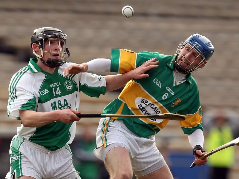 Ballyhale Shamrocks' Patrick Reid compete for possession with Pat Mulchay of Newtownshandrum