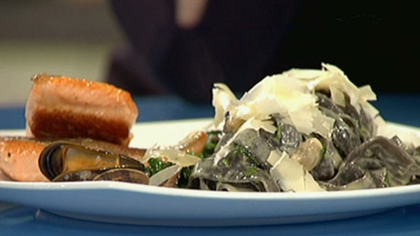 Squid Ink Pasta with Shellfish Cream, Wilted Spina