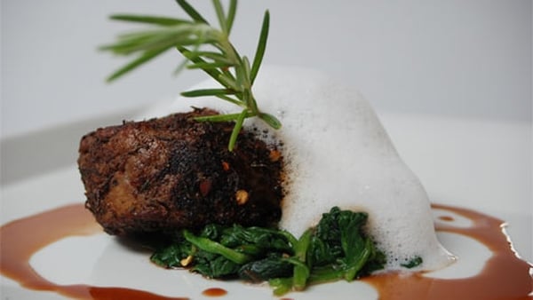 Coffee-Rubbed Beef Tenderloin, Baby Spinach, Horse