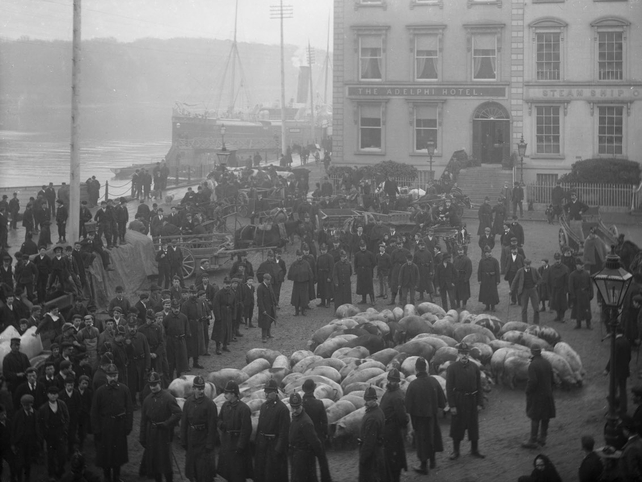 Police guarding pigs during a dispute between farmers and bacon producers in Waterford. Poole Collection: 1884-1954