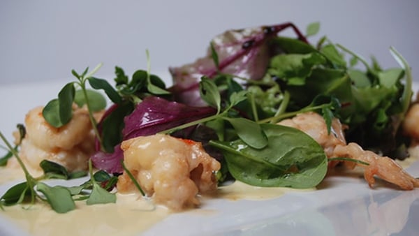 Pan Fried Prawns with Dressed Baby leaves and Cris