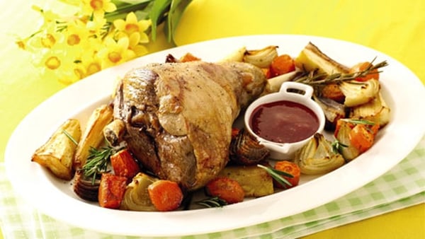 Roast Leg of Lamb with Root Vegetables and Raspber