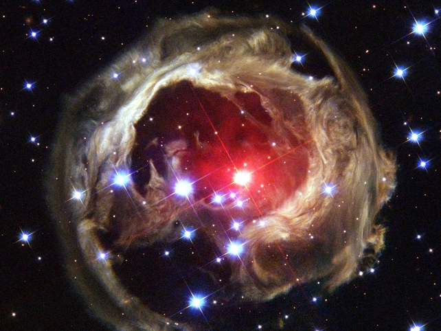 This image is Hubble's latest view of an expanding halo of light around a distant star. V838 Mon is located about 20,000 light years away from Earth.