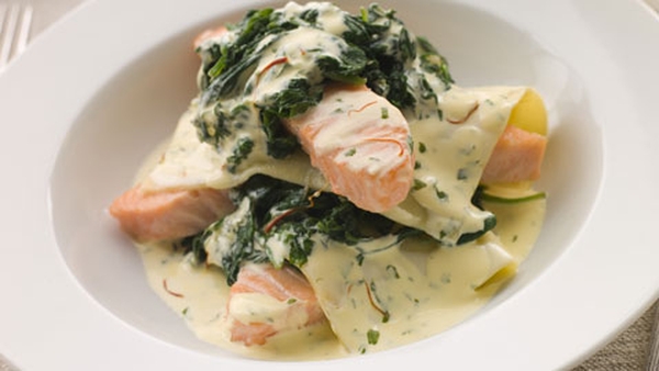 Seafood Lasagne With Purple Broccoli and Wilted Sp