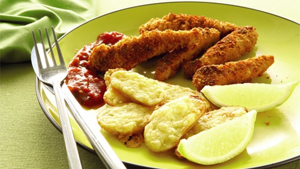Spicy Chicken Goujons with Cheesy Potato Skins