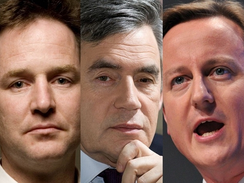 Clegg, Brown &amp; Cameron - Exit Poll suggests Tory win