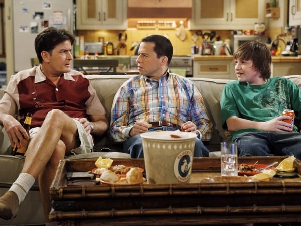Charlie Sheen with co-stars Jon Cryer and Angus T Jones
