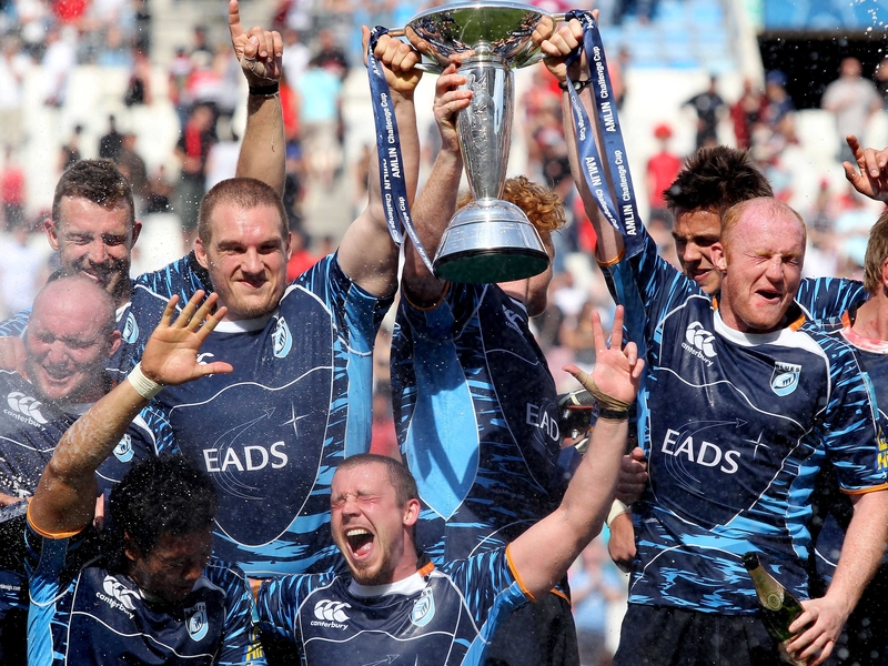Cardiff Blues celebrating their Amlin Challenge Cup success