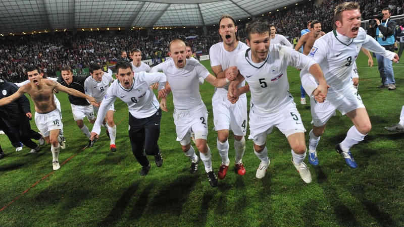 Slovenia's players in jubilant mood after their play-off victory over Russia