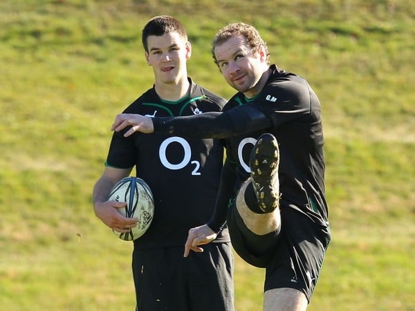 Jonathan Sexton (l) and Geordan Murphy practice their kicking in Rotura