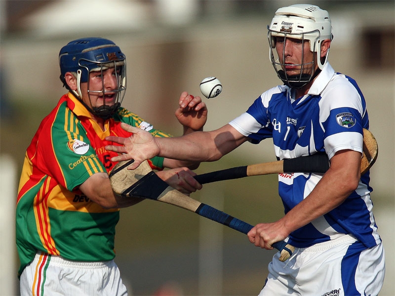 Paudie Kehoe of Carlow battles with Michael McEvoy of Laois