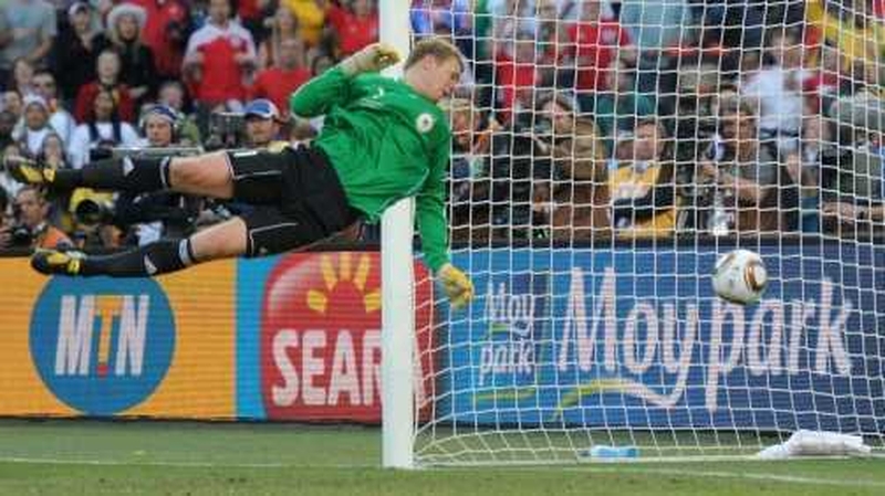 German goalkeeper Manuel Neuer watches Frank Lampard's shot bounce over the line for the England goal that never was