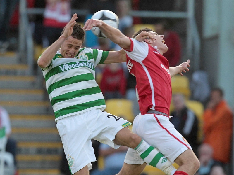 Shamrock Rovers' Billy Dennehy challenges David McAllister of St Patrick's Athletic