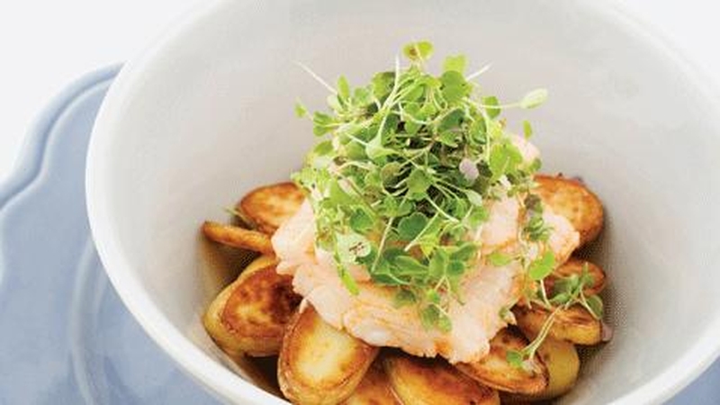 Fresh Haddock Braised in Cider with Potato, Rocket and Cress