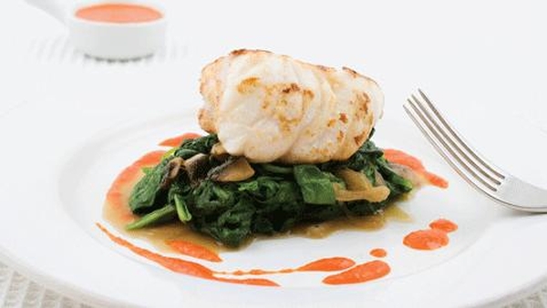 Seared monkfish, wilted spinach and curried foam