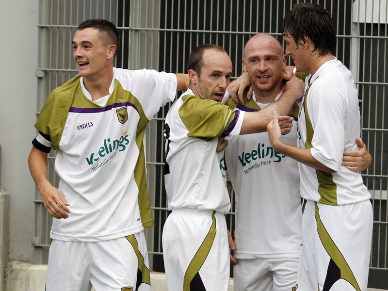Glen Crowe is congratulated on his goal