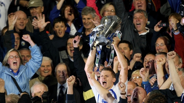 Stephen Molumphy holds the Munster SHC trophy aloft after Waterford's win over Cork in 2010